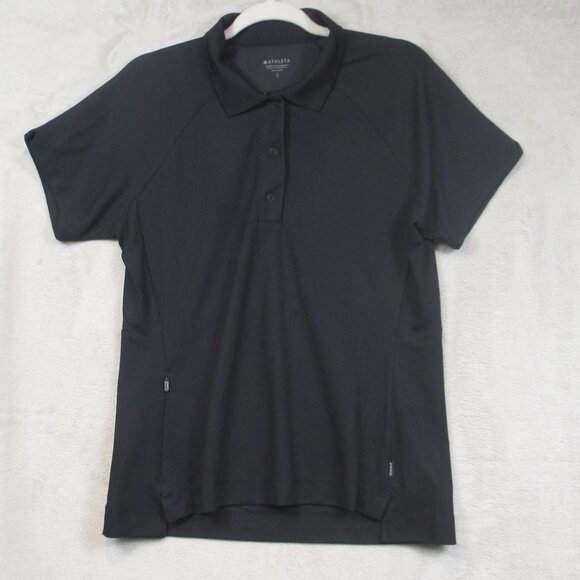 Athleta Everyday Polo Tee Womens L Short Sleeve Snap Black Stretch - Picture 1 of 6